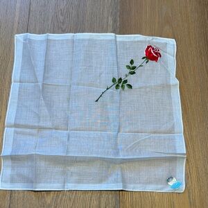 Vintage DESCO White  Handkerchief Embroidered with Red Rose
